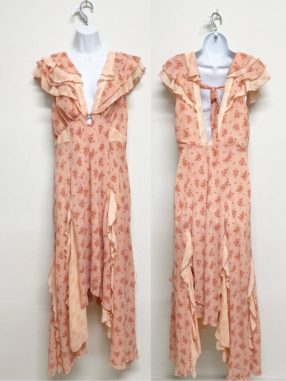 Free People Womens Peach Floral Ruffle Joaquin High Low Maxi Plunge Dress Size L